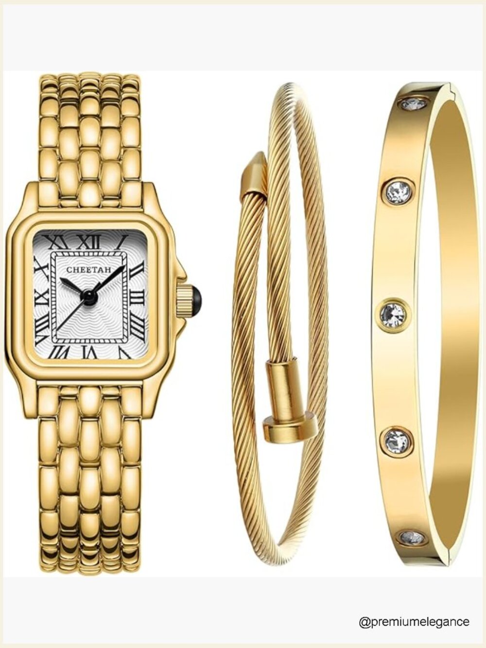 Gold Bangle Watch and Bracelet Set with Adjustable Fit